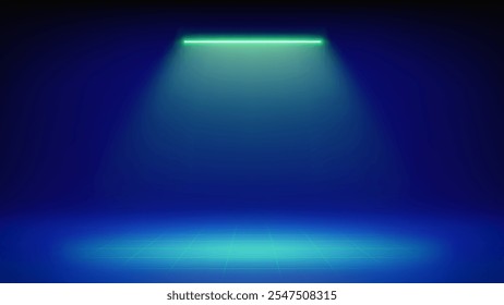 Fundo de palco azul futurista. Quarto iluminado por neon verde, holofote conduzido, piso da grade. Design minimalista de pano de fundo para exibição de produtos, apresentação, publicidade. Exibição. Vetor