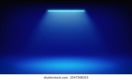 Futuristic blue stage background. Room illuminated by neon, modern cyan led spotlight. Minimalistic backdrop design for displaying products, presentation, advertising. Showcase. Vector