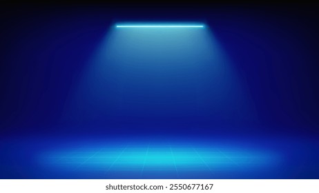 Futuristic blue stage background. Room illuminated by cyan neon, led spotlight, grid floor. Minimalistic backdrop design for displaying products, presentation, advertising. Showcase. Vector