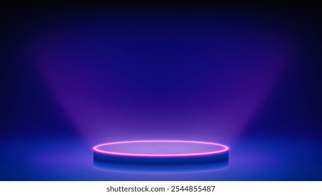 Futuristic blue stage with glowing podium. Blue room, round neon pedestal podium illuminating the advertised product from below. Background for displaying products, presentation. Backdrop. Vector