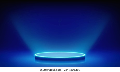 Futuristic blue stage, glowing podium. Blue room, round cyan neon pedestal podium illuminating advertised product from below. Background. Displaying products, presentation. Showcase. Backdrop. Vector