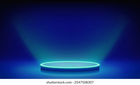 Estágio azul futurista com pódio brilhante. Quarto azul, pódio de pedestal de néon redondo iluminando o produto anunciado de baixo. Plano de fundo para exibir produtos, apresentação. Plano de fundo. Vetor