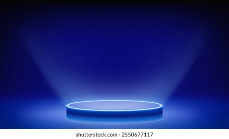 Futuristic blue stage, glowing podium. Blue room, round neon pedestal podium illuminating advertised product from below. Background. Displaying products, presentation. Showcase. Backdrop. Vector