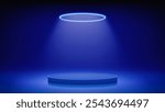 Futuristic blue stage, podium. Blue room with round podium pedestal illuminated by circular neon, led halo. Background for displaying products, presentation. Backdrop. Showcase. Vector illustration