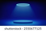 Futuristic blue stage, podium. Blue room with round podium pedestal illuminated by circular cyan neon, led halo. Background for displaying products, presentation. Backdrop. Showcase. Vector