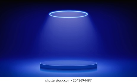 Estágio azul futurista, pódio. Sala azul com pedestal de pódio redondo iluminado por neon circular, halo led. Plano de fundo para exibir produtos, apresentação. Plano de fundo. Exibição. Ilustração vetorial