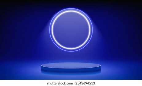 Estágio azul futurista, pódio. Quarto azul com pedestal de pódio redondo iluminado por neon azul branco circular, levou halo. Plano de fundo para exibir produtos, apresentação. Plano de fundo. Exibição. Vetor