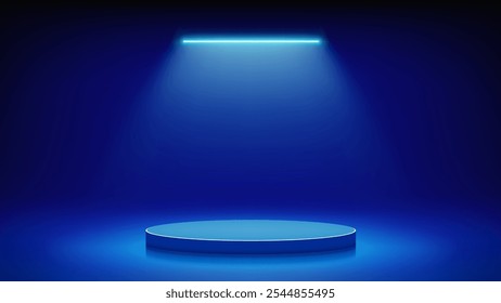 Futuristic blue stage with podium. Blue room with round podium pedestal illuminated by cyan led neon lamp. Background for displaying products, presentation. Backdrop. Vector illustration