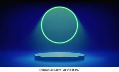 Futuristic blue stage, podium. Blue room with round podium pedestal illuminated by circular green neon, led halo. Background for displaying products, presentation. Backdrop. Showcase. Vector