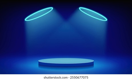 Futuristic blue stage, podium. Blue room with round podium pedestal illuminated by circular cyan neon, led halo. Background for displaying products, presentation. Backdrop. Showcase. Vector