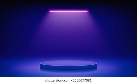 Estágio azul futurista com pódio. Quarto azul com pedestal de pódio redondo iluminado por candeeiro de neon led roxo rosa. Plano de fundo para exibir produtos, apresentação. Plano de fundo. Ilustração vetorial