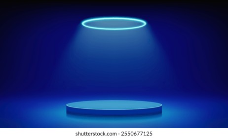 Futuristic blue stage, podium. Blue room with round podium pedestal illuminated by circular cyan neon, led halo. Background for displaying products, presentation. Backdrop. Showcase. Vector