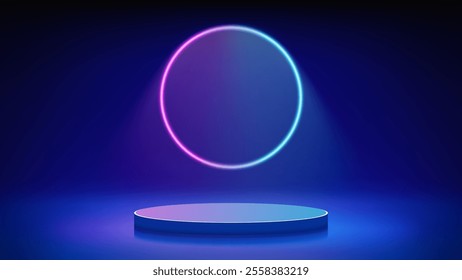 Futuristic blue stage, podium. Blue room with round podium pedestal illuminated by circular blue magenta neon, led halo. Background for displaying products, presentation. Backdrop. Showcase. Vector