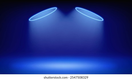 Futuristic blue stage. Room illuminated by circular neon, modern led halo spotlight. Blue background for displaying products, presentation, advertising. Backdrop. Showcase. Vector illustration