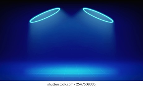 Futuristic blue stage. Room illuminated by circular cyan neon, led halo spotlight, grid floor. Background for displaying products, presentation, advertising. Backdrop. Showcase. Vector illustration