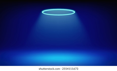 Futuristic blue stage. Room illuminated by circular cyan neon, modern led halo spotlight. Blue background for displaying products, presentation, advertising. Backdrop. Showcase. Vector illustration