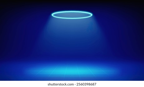 Futuristic blue stage. Room illuminated by circular cyan neon, led halo spotlight, grid floor. Background for displaying products, presentation, advertising. Backdrop. Showcase. Vector illustration