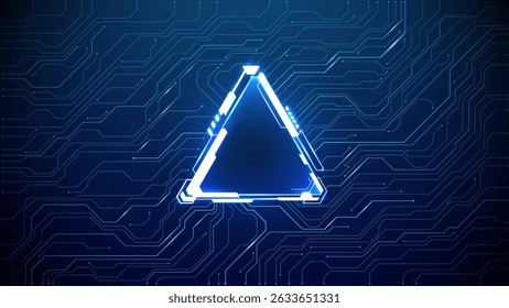 Fundo tecnológico azul futurista com portal triângulo AI brilhante e elementos de placa de circuito neon. Design de quadro digital abstrato para inteligência artificial e conceitos de alta tecnologia.