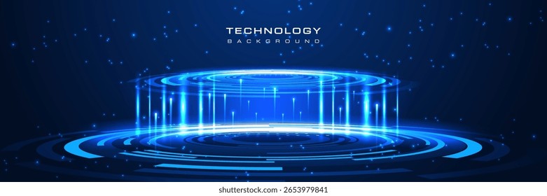 Fundo de tecnologia azul futurista com plataforma circular holográfica brilhante, partículas de luz brilhante no fundo azul escuro. Ficção científica, realidade virtual, cena de alta tecnologia.
