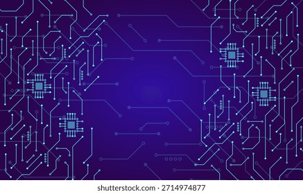 Futuristische blaue Technologie-Hintergrund mit leuchtend blauen Stromleitungen und Mikrochip-Elemente, digitale Netzwerkstruktur-Design mit Raum für Text gewidmet Innovation, Daten und High-Tech-Konzepte.