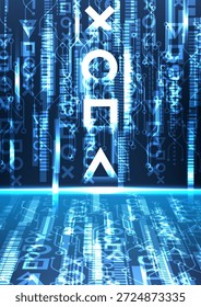 Futuristische blaue Technologie Hintergrund mit leuchtenden Schaltungsmustern und digitalen Symbolen. Abstraktes Cyberkonzept für Science-Fiction-Poster oder Tech-Banner.