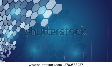 Futuristic blue technology background with glowing hexagonal grid pattern and light effects. Modern tech design symbolizing innovation, data, and digital connection.