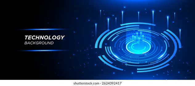 Futuristic blue technology digital ring with lines, light effect shining from circle on dark background. Vector for banner and web.