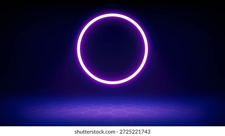Futuristic blue technology stage background. Circular purple pink neon, led halo spotlight, grid floor. Background for displaying products, presentation, advertising. Tech backdrop. Showcase. Vector