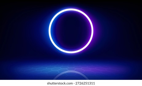 Fondo de escenario de tecnología azul futurista. Circular púrpura rosa neón, halo de luz led, suelo de rejilla. Fondo para mostrar productos, presentación, publicidad. Telón de fondo tecnológico. Escaparate. Vector