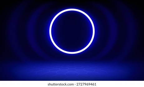 Futuristic blue technology stage background. Circular blue neon, led halo spotlight, grid floor. Background for displaying products, presentation, advertising. Tech backdrop. Showcase. Vector