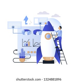 Futuristic blue virtual graphic touch user interface hud, businessman climbing rocket ladder. Vector illustration for business startup, success, future technology IP dashboard web banner website page.