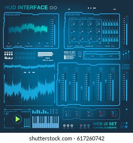 Futuristic blue virtual graphic touch user interface, Music interface, tracks, volume controls