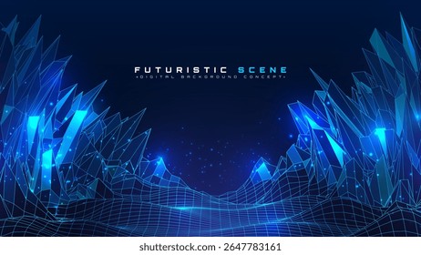 Futuristic blue wireframe landscape with neon polygon mesh. Digital network technology and data flow scene design concepts. Vector illustration.