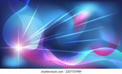 Futuristic blue-pink wallpaper. A flash of light, sparks, intertwining wavy lines, glows against the background of a chaotic mixture of colors. Vector.