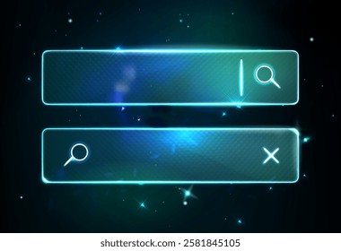 Futuristic Blur Neon Glass Search Bars. Glassmorphism screen smartphone. Transparent matt glass plates on the Cosmic Green Nebula. Abstract  blue futuristic background with black hole and stars