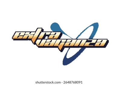 Futuristic Bold Typography of 'Extravaganza' in Yellow Gradient with Flat Pulse Abstract Shape, Y2K Pixel Art Style Banner