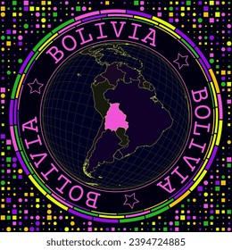 Futuristic Bolivia on globe. Bright neon satelite view of the world centered to Bolivia. Geographical illustration with shape of country and geometric background. Trendy vector illustration.