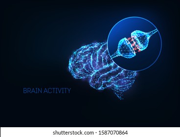 Futuristic brain activity concept with glowing low polygonal human brain and neuron synapses isolated on dark blue background. Nervous system, neurology. Modern wire frame mesh design vector image.