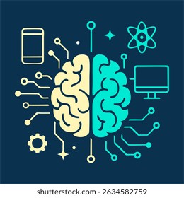 Futuristic Brain and Technology Integration. AI, Innovation, and Neural Network Concept.  illustration of a human brain integrated with futuristic technology elements