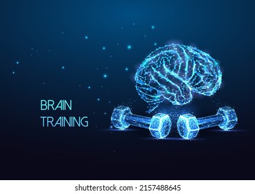 Futuristic brain training concept with glowing human brain and pair of dumbbells on dark blue