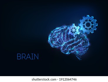 Futuristic brainstorm, creative thinking concept with gloving low polygonal human brain and gears mechanism isolated on dark blue background. Modern wireframe design vector illustration