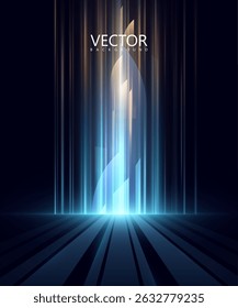 Futuristic bright blue background with vertical light stripes on a dark digital scene. Modern and technological visual style.