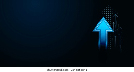 A futuristic bright blue neon arrow with a soft glow, trending upwards against a dark backdrop, conveying high-energy market surges and bullish trends in vector illustration