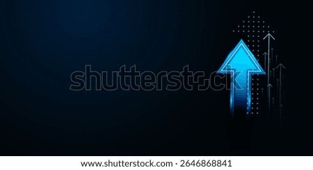 A futuristic bright blue neon arrow with a soft glow, trending upwards against a dark backdrop, conveying high-energy market surges and bullish trends in vector illustration
