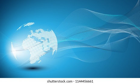 Futuristic Bright Global Technology, Networking and Cloud Computing Design Concept with Earth Globe and 3D Wavy Lines Pattern - Digital Network Connections, Technology Background