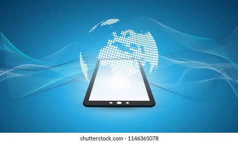 Futuristic Bright Global Technology, Networking and Cloud Computing Design Concept with Earth Globe and Tablet PC - Digital Network Connections, Technology Background