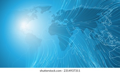 Futuristic Bright Global Technology, Science and Networking Design Concept with World Map and Wavy Flow of Energy Lines - Background, Vector Template