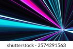 Futuristic bright glowing neon light beams spreading dynamically with sense of motion. Hyperjump in space at speed of light. Warp speed effect in space travel with radiant light. Vector illustration