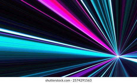 Futuristic bright glowing neon light beams spreading dynamically with sense of motion. Hyperjump in space at speed of light. Warp speed effect in space travel with radiant light. Vector illustration