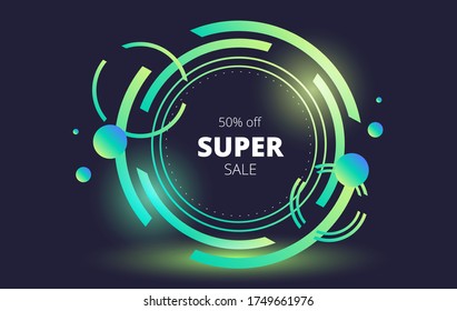 futuristic bright luminous circle on a dark background with the inscription super sale